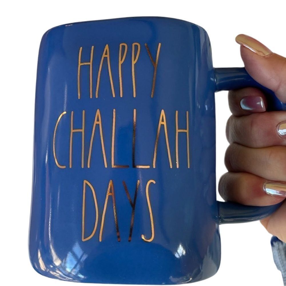 Rae Dunn Hanukkah Inspired Coffee Mug (Happy Challah Days) Blue Gold NWOT